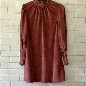 Lovereiche Dusty Pink Smocked Dress Sz. L LongSleeve Velvet Pockets Minimalist